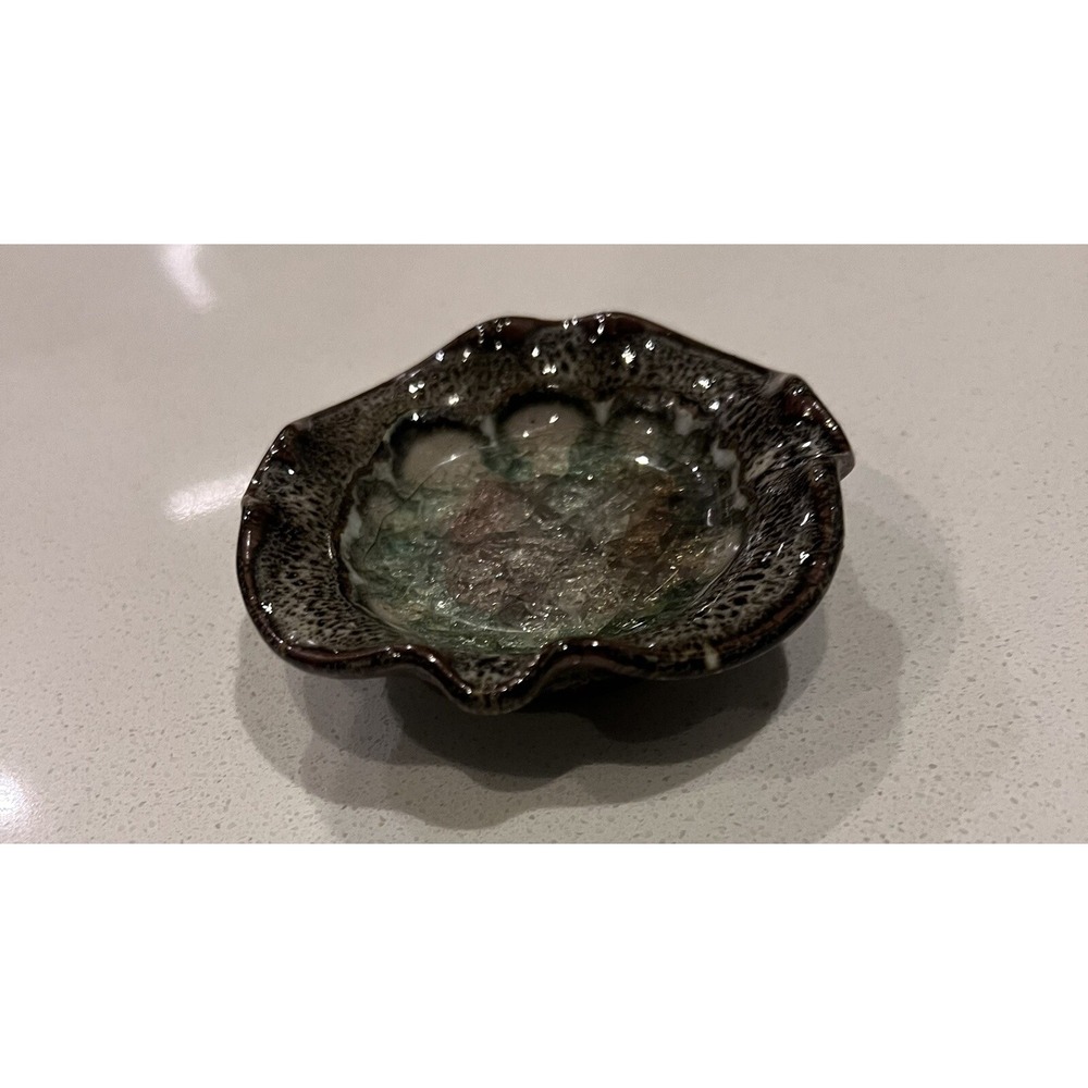 Stoneware Ashtray Glazed Pottery Crackle Glass 3.75"